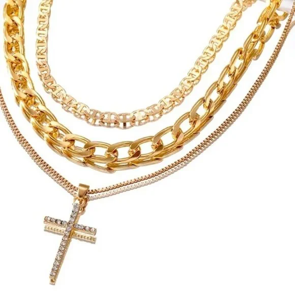Layered Cross Pendant Necklace Set – 3 Chains Statement Style - Picture 3 of 4